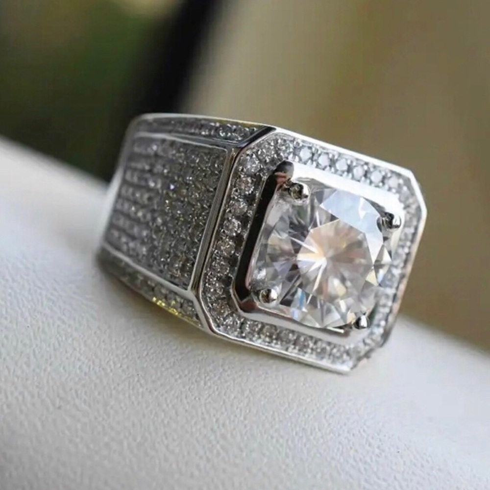 Silver-Tone Men's Statement Ring with Clear CZ Center
